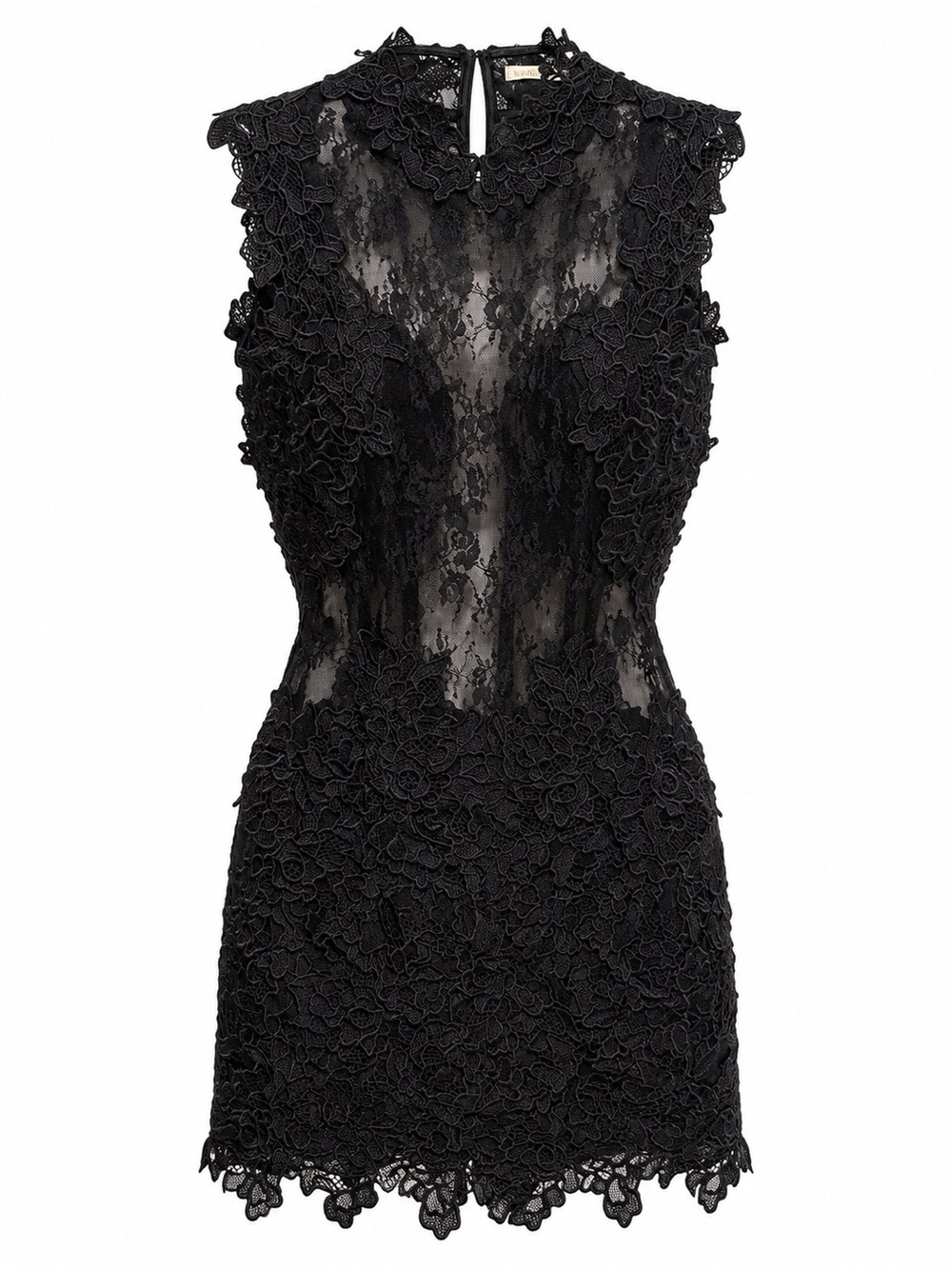 Black Floral Lace Mini Dress with High Neck